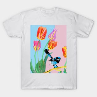 Abstract Blue Wren and Tulips Painting - on Pale Pink and Blue T-Shirt